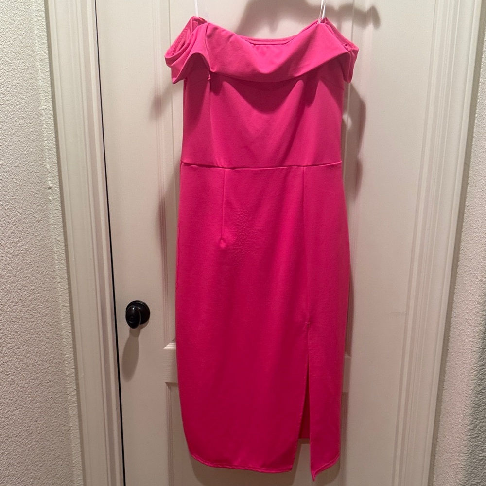 B Darlin Vibrant Pink Off-Shoulder Midi Dress